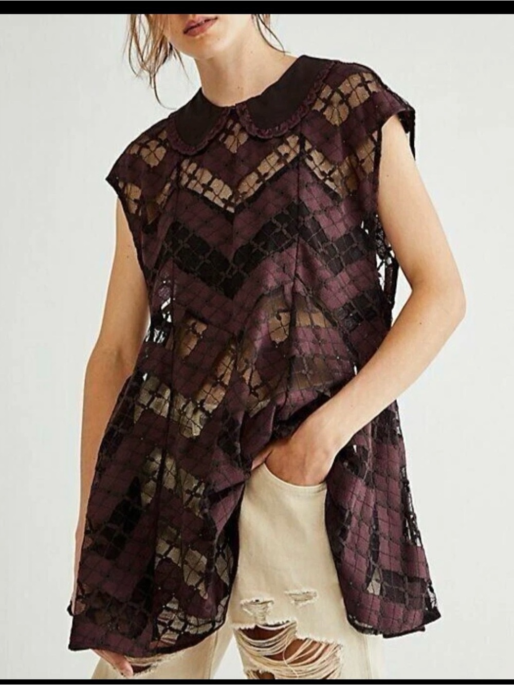 Free People Sheer Rozette Tunic Chevron Lace Peter Pan Collar Size Large